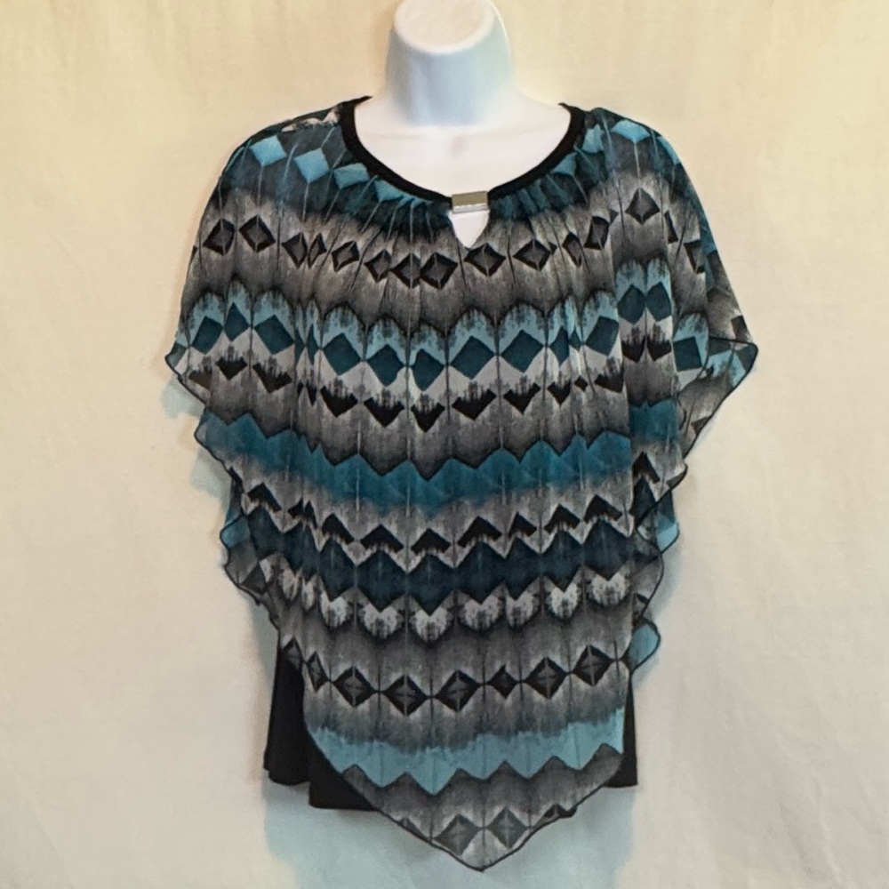 H-83 New‎ Directions Black Blue & Gray Layered Blouse Size LP